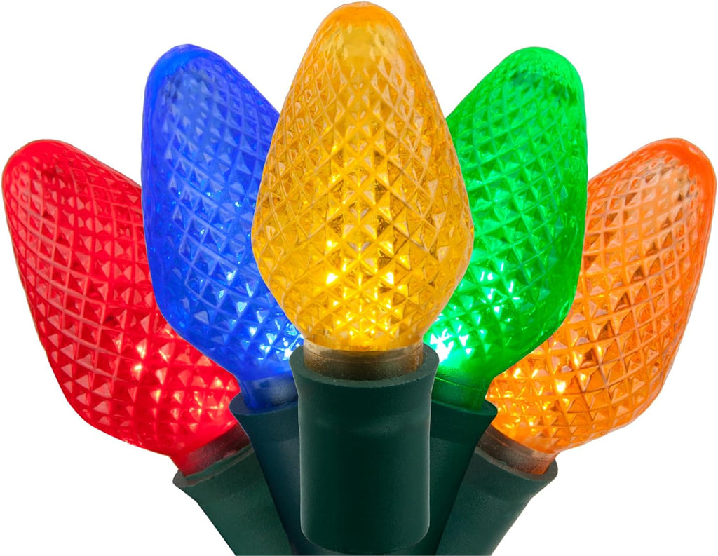 C7 LED Faceted Multicolor Prelamped Light Set, Green Wire - 25 C7 Multi Color LED Christmas Lights, 8" Spacing
