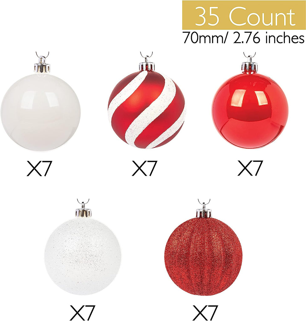35Ct 70Mm/2.75" Christmas Ornaments, Shatterproof Christmas Tree Ornaments Set, Christmas Balls Decoration (Red White)