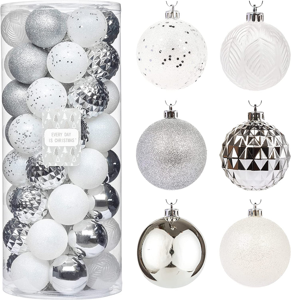 50Ct 57Mm/2.24" Christmas Ornaments, Shatterproof Christmas Tree Ornaments Set, Christmas Balls Decoration (White Silver)