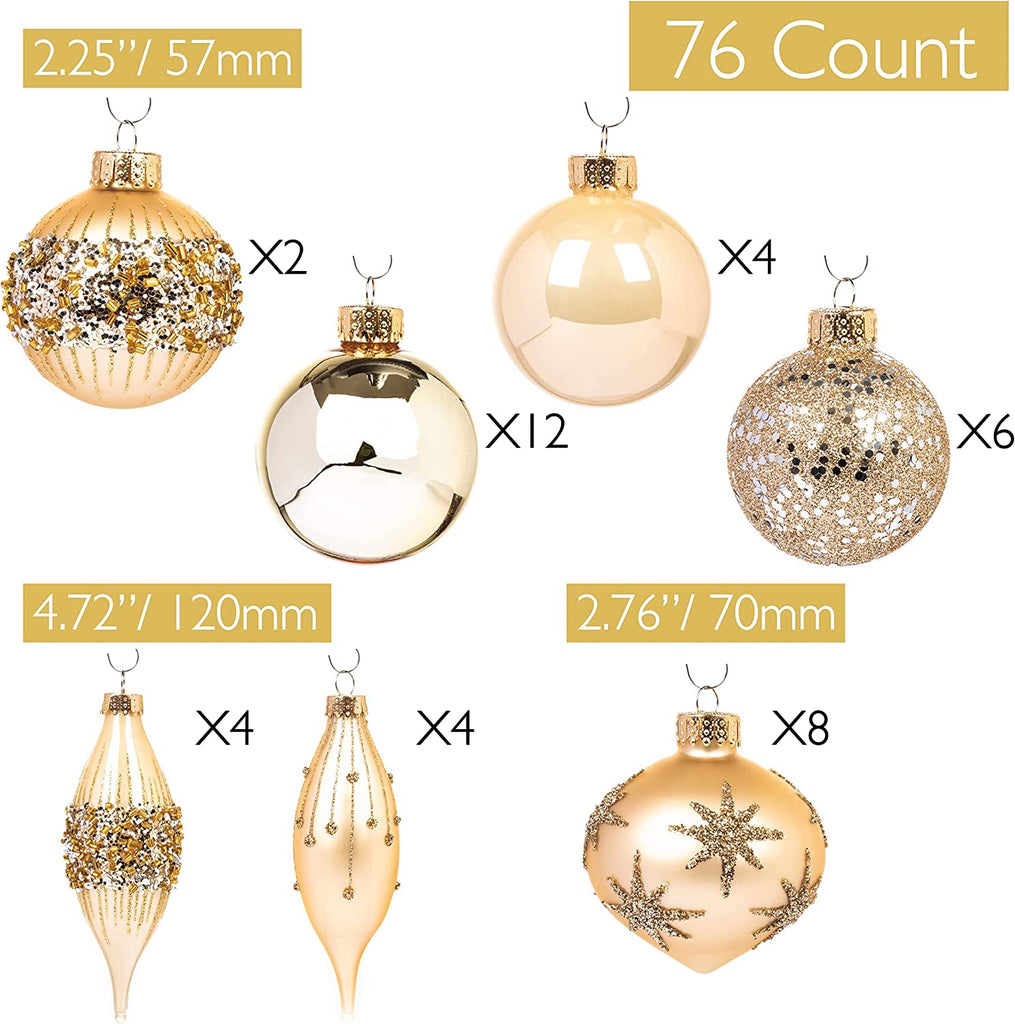 76 Count Glass Christmas Ball Ornaments for Christmas Trees, Elegant Premium Variety Set of Holiday Decorations (Gold)