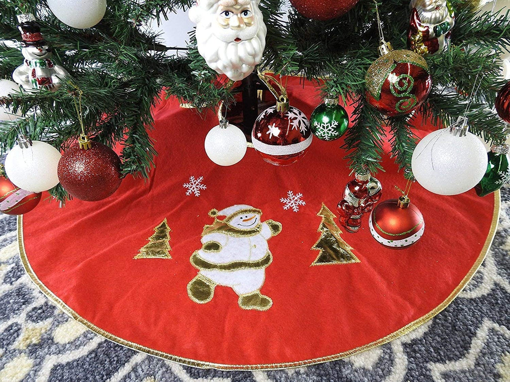 36" Red Non-Woven Christmas Tree Skirt with Snowman & Edge- Red