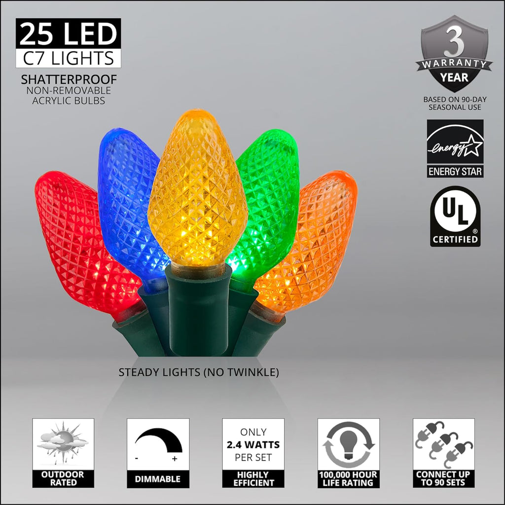 C7 LED Faceted Multicolor Prelamped Light Set, Green Wire - 25 C7 Multi Color LED Christmas Lights, 8" Spacing